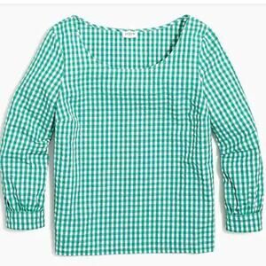 J Crew  Seersucker Green Gingham Peasant Top
